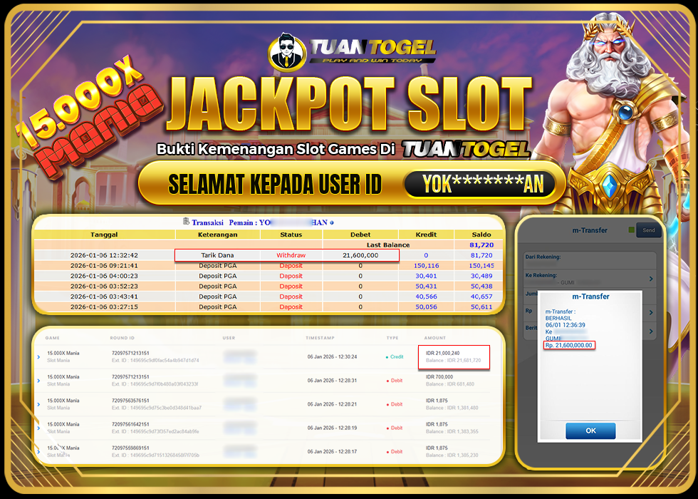 TUANTOGEL JACKPOT SLOT 15.000X MANIA Rp21.600.000,- LUNAS